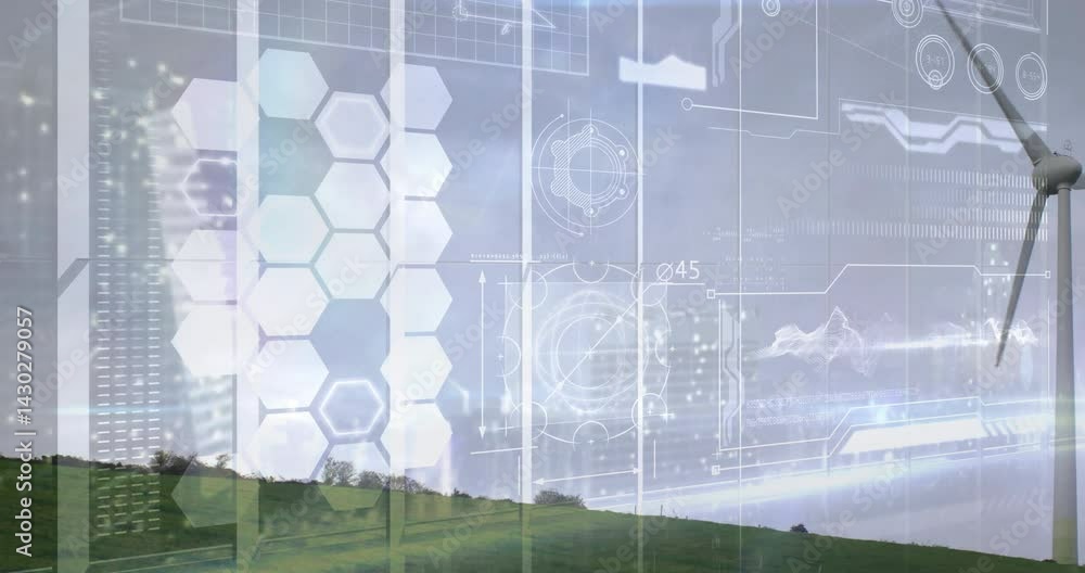 Poster wind turbine being visualized on grassy hillside, featuring 3d-rendered hexagonal grid and waveform