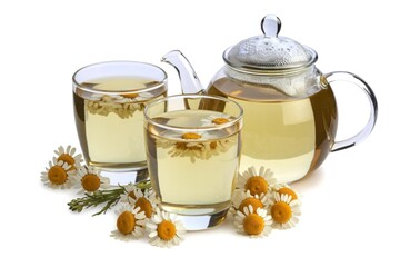 two glasses of herbal chamomile tea with a teapot