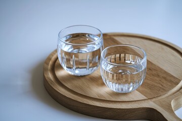 two elegant glasses, one larger and one smaller, filled with water