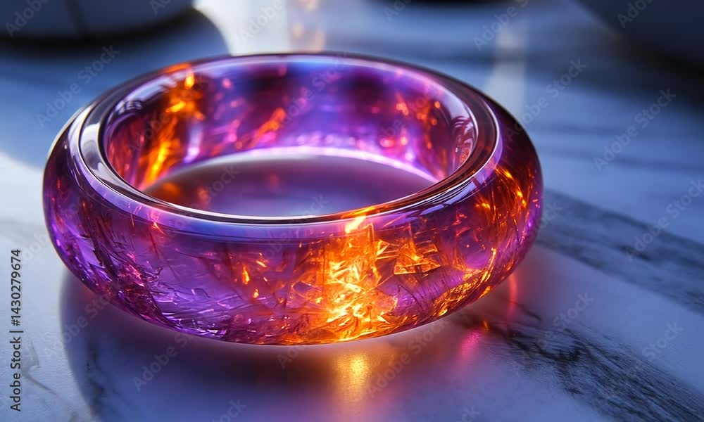 Poster colorful translucent bangle resting on a marble surface with soft lighting and reflections