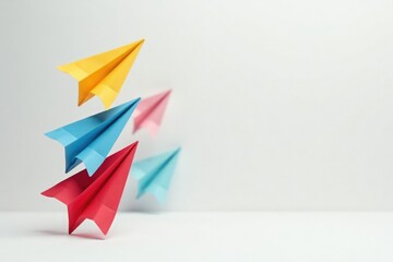 Floating stack of colorful paper airplanes on white, stack, craft
