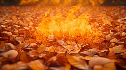 Fiery autumn leaves ablaze Fall foliage covered in flames Warm bright colors create dramatic scene