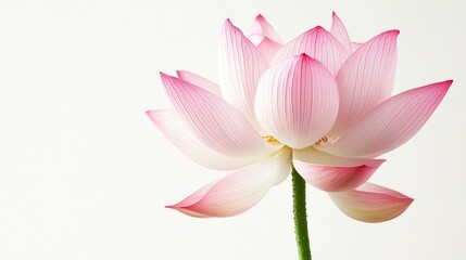 Obraz premium A single, light pink lotus flower with visible petals and stem, isolated on a white background.