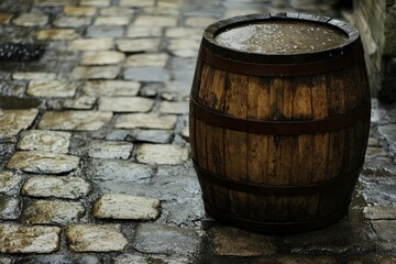 Naklejka premium Old wooden barrel sits on a wet cobblestone alleyway.