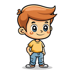Little boy standing and smiling. Cute cartoon character vector illustration.
