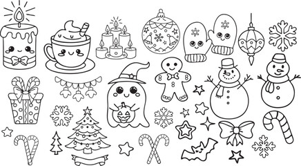 Cute Holiday Doodle Coloring Page , Christmas and Winter Kawaii Elements for Kids