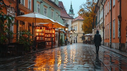 Rainy evening stroll through a European city street lined with colorful buildings and outdoor cafes