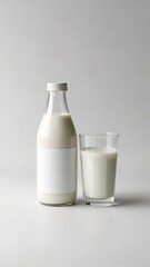 Creamy Milk Bottle and Glass Mockup with White Background. Minimalist Product Photography