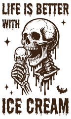 Skeleton eating ice cream. Spooky Skeleton illustration Art.