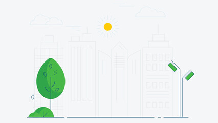 Fototapeta premium Outlined illustration of a city background featuring green trees and street lights, creating a simple urban landscape