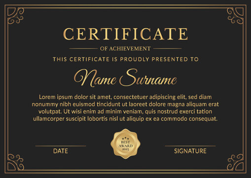 Certificate of achievement with gold frame. Elegant A4 printable template. Beautiful black and gold certificate of achievement template, SVG format