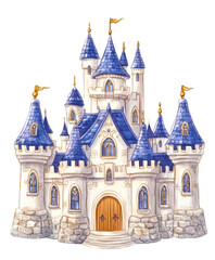 Fototapeta premium Fantasy castle with blue rooftops and stone walls surrounded by magical scenery suitable for illustration, children’s books, and creative projects