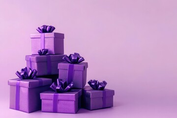 Fototapeta premium Stack of purple gift boxes on a pastel purple background