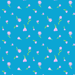 Seamless pattern small pink flowers on a blue background