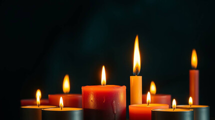 three burning candles on black background