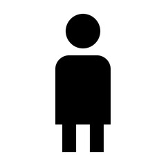 Simple black silhouette of a standing person with a circular head and rectangular body shape design icon