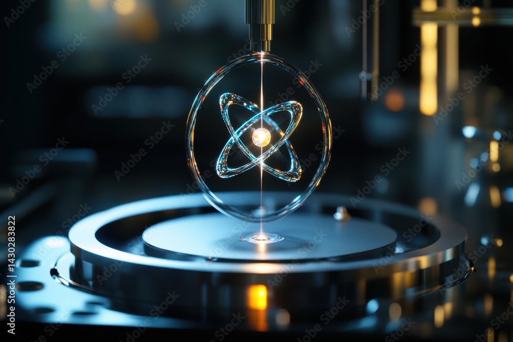 Poster unique display of an atom model suspended in a laboratory setting with advanced equipment