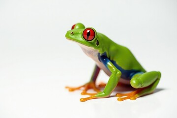 Fototapeta premium Solitary red-eyed tree frog on plain white backdrop, zoology, exotic
