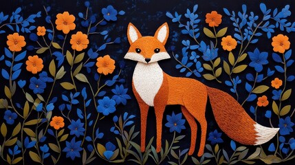 Fototapeta premium Intricate Red Fox Among Blue and Orange Flowers on Dark Background