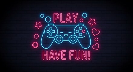 A vibrant neon sign on a dark brick wall displays a stylized video game controller surrounded by stars, hearts, and circles, with the text "PLAY" and "HAVE FUN!".