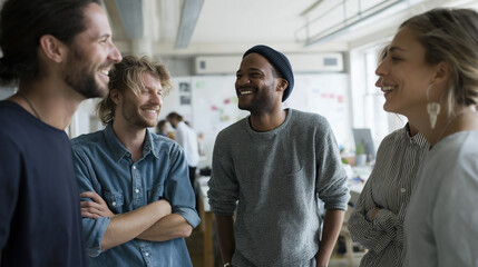 A diverse group of young professionals in a modern office having a brainstorming session