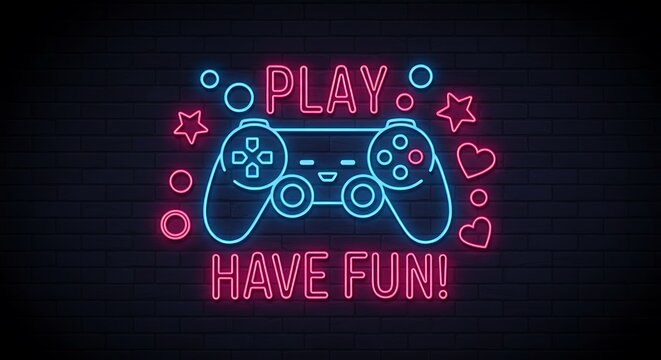 A vibrant neon sign on a dark brick wall displays a stylized video game controller surrounded by stars, hearts, and circles, with the text "PLAY" and "HAVE FUN!".