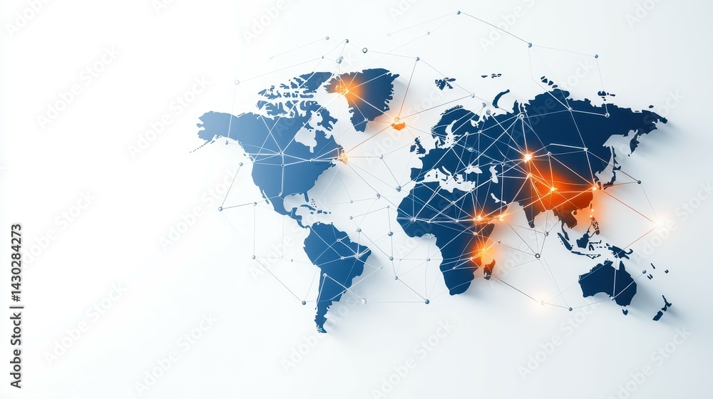 Poster stylized world map with connected nodes representing global networking.