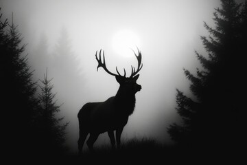 Silhouette of a majestic stag standing in a foggy forest, a serene and mysterious scene.