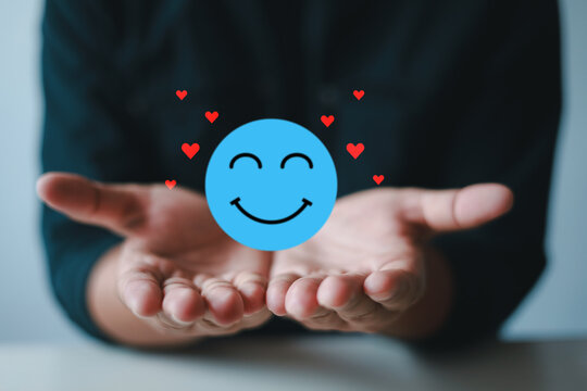 Blue smiling face mobile, happy, relax, satisfaction survey, customer service, positive, good, children health, hospital, world mental health day concept