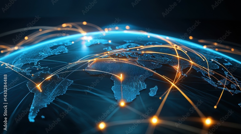 Poster a digital globe with glowing connections representing global networking.