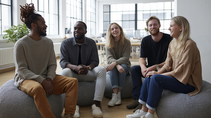 A diverse group of young professionals in a modern office having a brainstorming session