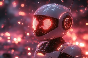 Robot head, red lights, bokeh background, AI concept