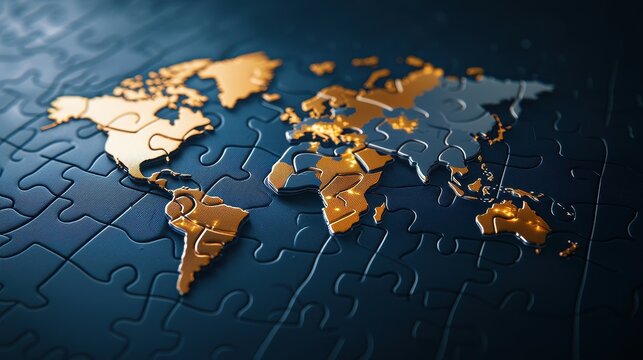 Golden and silver continents on a dark puzzle background, symbolizing global unity.