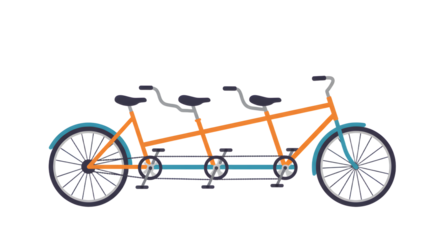 A colorful tandem bicycle designed for three riders, parked in a sunny park with trees and people enjoying the outdoors
