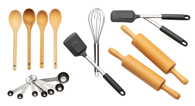 A collection of wooden and silicone kitchen utensils including spoons, spatulas, rolling pins, and measuring cups, ideal for cooking