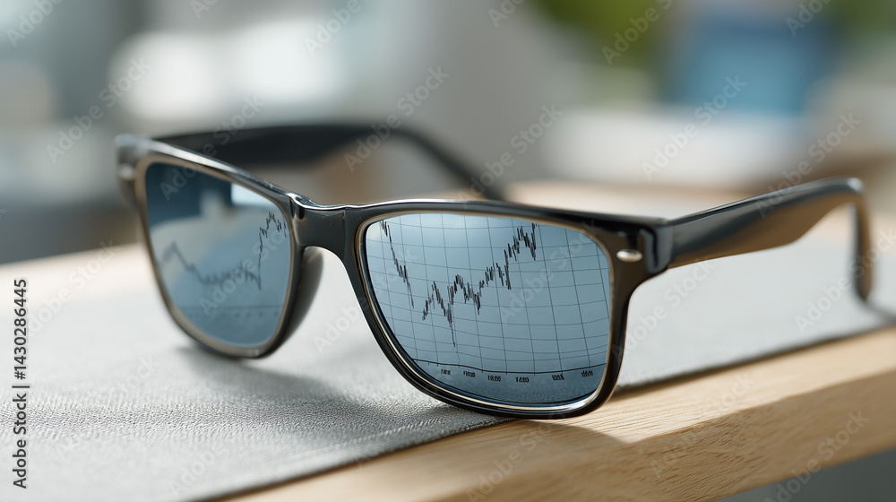 Poster seeing through trends: a close-up shot of spectacles with a reflected graph symbolizing a vision for