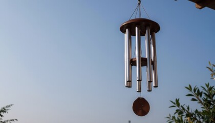 Wind chimes hanging against a clear blue sky.