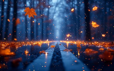 Autumnal forest path in rain