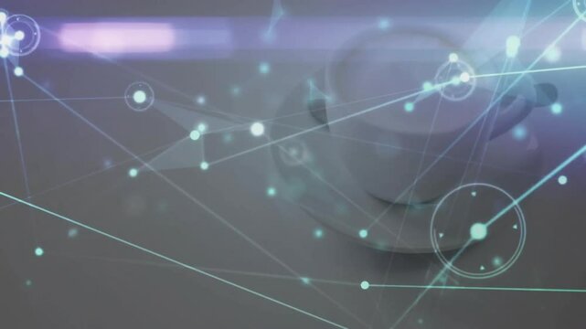 White ceramic coffee cup sitting on light tabletop, displaying glowing network lines, node overlay