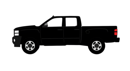 A sleek black pickup truck parked on a road, surrounded by lush greenery and distant mountains under a clear sky