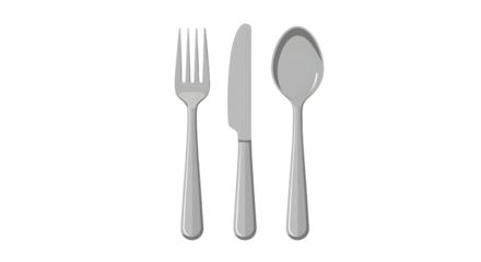 A sleek, modern silver cutlery set featuring a fork, knife, and spoon arranged symmetrically on a plain background, ideal for dining settings