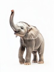 Fototapeta premium Baby Elephant Raising Trunk Joyfully Against Soft White Background Showcasing Its Friendly Demeanor and Adorable Features Generative AI