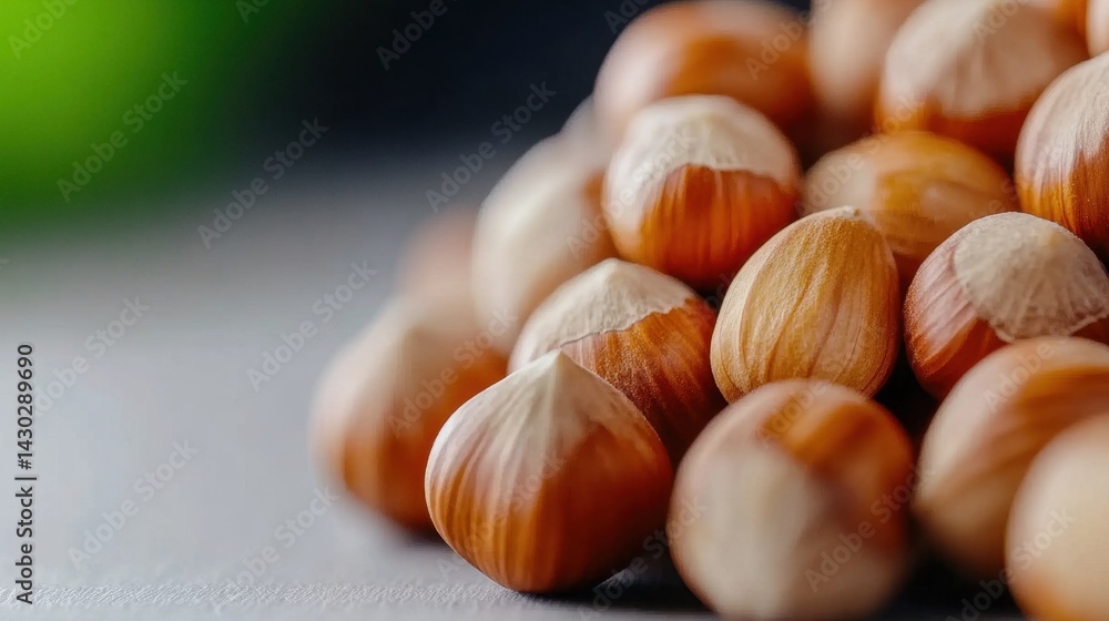 Poster close-up view of fresh hazelnuts in cluster, brown shells and textures pop on white
