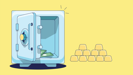 A closed money safe with money bills inside. The safe is securely locked, symbolizing the protection of wealth, and is depicted with a detailed design