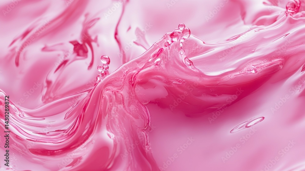 Poster close-up of pink liquid splashing, creating abstract swirls and bubbles.