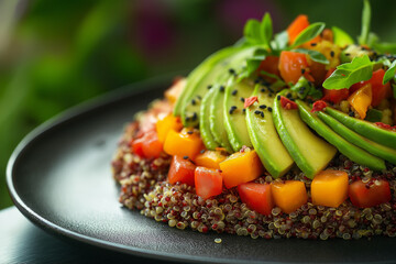 Close-Up of Organic Quinoa Salad with Avocado, Red Bell Pepper, and Mixed Greens on White Plate — Shot 