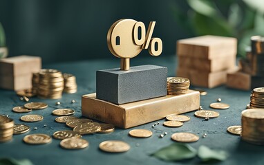 Gold 0% interest rate concept with coins, representing finance and saving