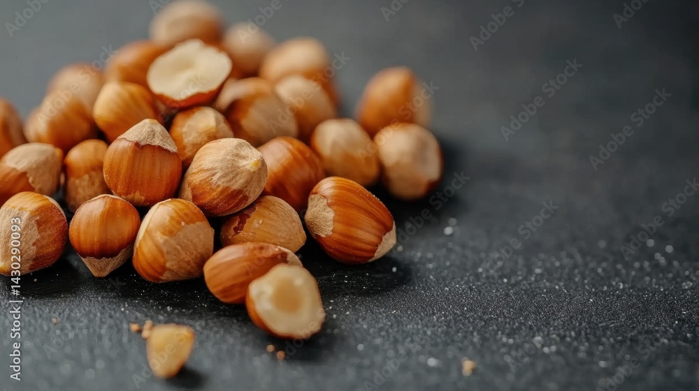 Poster crisp overhead view of hazelnut grouping, raw kernels with shells, clean studio look