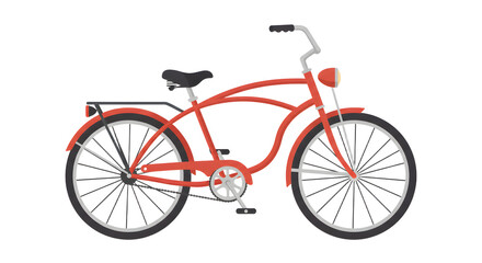 Fototapeta premium A vibrant red bicycle parked on a sunny street, surrounded by greenery and urban elements, perfect for outdoor activities