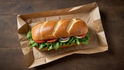 Fresh sub sandwich with greens and tomato, served on parchment, great for casual meals or gatherings